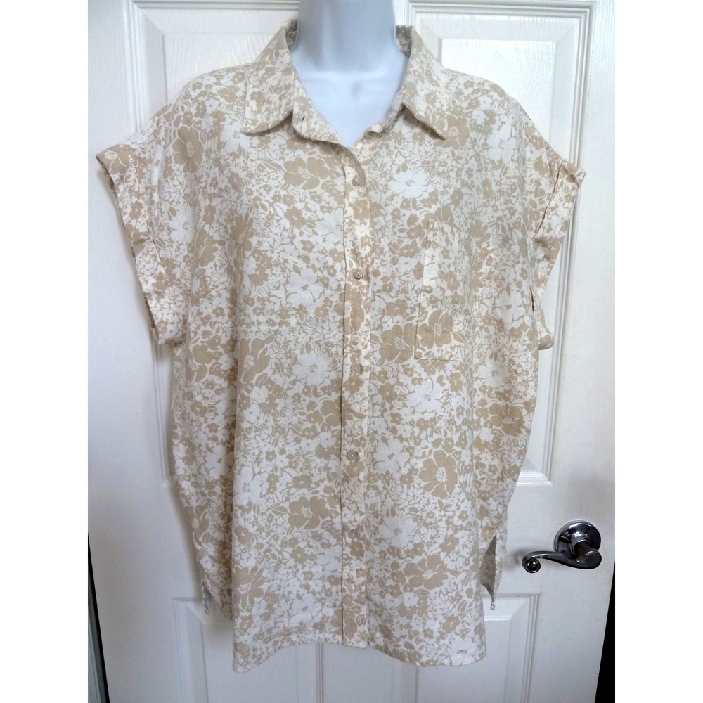 Coastal Comfort Womens Large Linen Rayon Floral Blouse Button Up Cuffed 309703